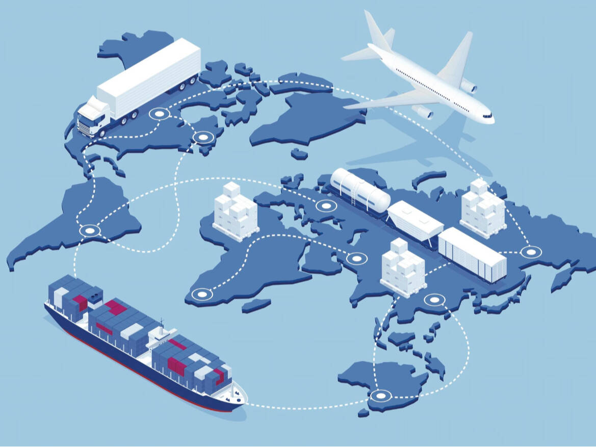 Illustration of a global map with arrows and location pins all over, depicting a visual description of supply chains